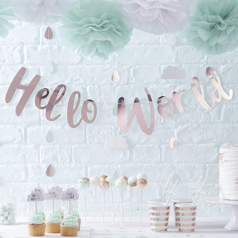 Ginger Ray Rose Gold Hello World Scripted Baby Shower Unisex Bunting Banner - Image 1