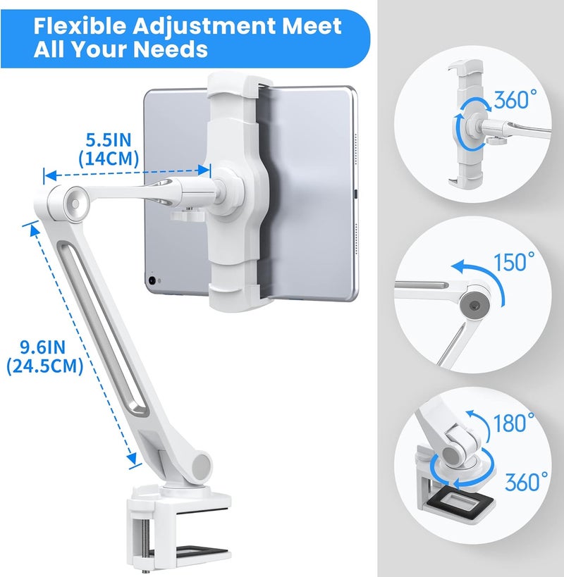 AboveTEK iPad Desk Mount, Multi-Angle Adjustable iPad Clamp Holder, 360° Swivel Arm Aluminum Tablet Stand, Fits 4"-11" Tablet/Phone/iPad Mini for Home Office Kitchen Bedside (White) - Image 3