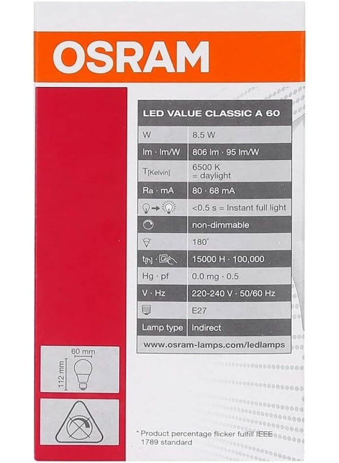 Osram Led Bulb E27 Value Lamp Clas A 8.5 W/6500K Cool White (Combo Pack Of 10) - Image 4