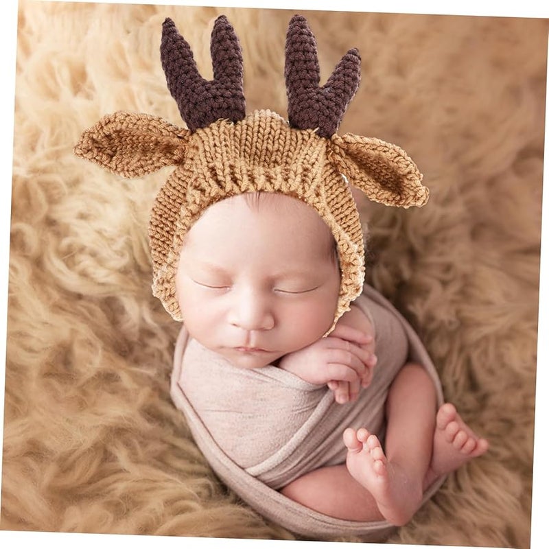 قبعة صوفية محبوكة من الرنة البنية، ملابس داعمة لتصوير الشتاء وعيد الميلاد للأولاد والبنات حديثي الولادة - Image 3