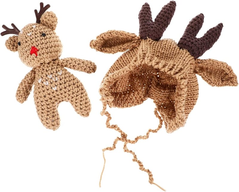 قبعة صوفية محبوكة من الرنة البنية، ملابس داعمة لتصوير الشتاء وعيد الميلاد للأولاد والبنات حديثي الولادة - Image 1