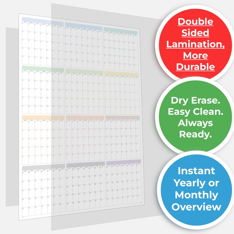 HADIGU Large Wall Calendar Undated (39 x 27 inches) Double Sided Dry Erase Yearly & Monthly Wall Calendar, Big Erasable Planner for Home, Office, Classroom, Thick Paper with Gloss Lamination, Full Year View. - Image 3