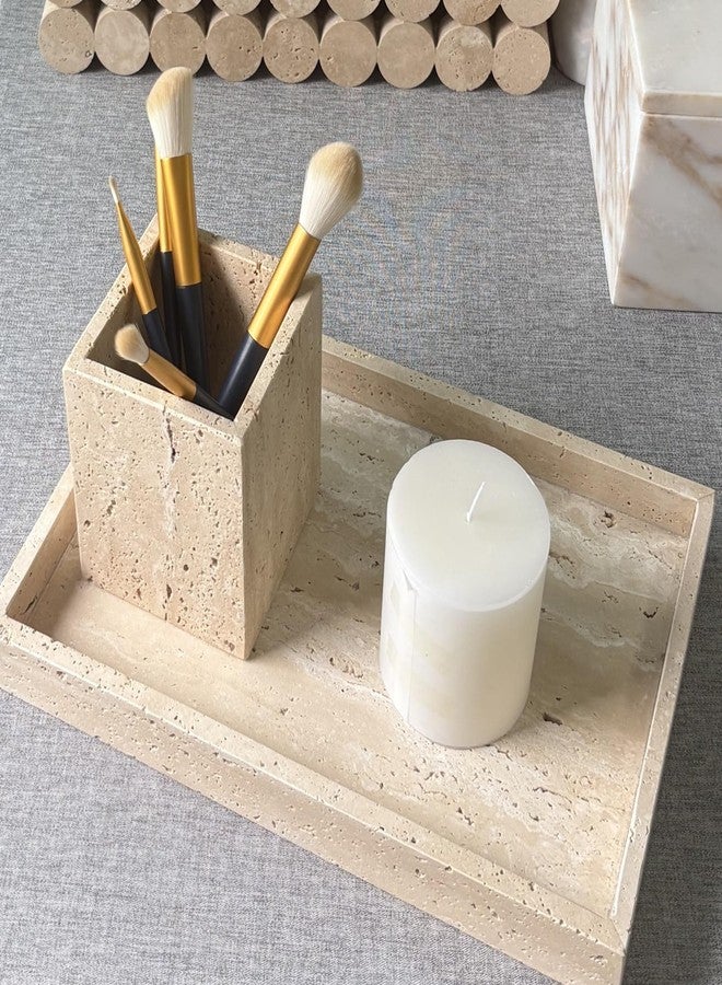StonePlus Natural Marble Vanity Tray, Cosmetics Towels Tray, Decorative Tray, Catchall Tray for Dresser Bathroom Kitchen (Beige Travertine, 11.8L x 7.87W x 1.18H) - Image 2