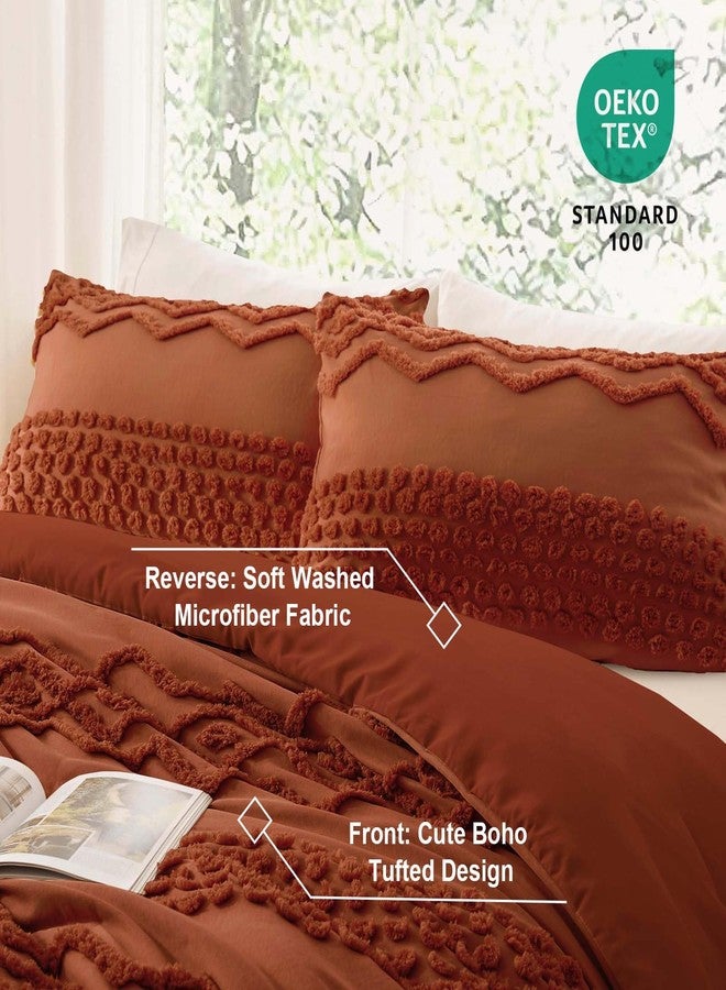 Luxudecor طقم لحاف لوكسوديكور من التراكوتا بتصميم بوهيمي بحجم كينغ 3 قطع لحاف بوهيمي أنيق بتطريز ريفي طقم سرير ناعم لجميع الفصول (تراكوتا، 104''x90'') - Image 5