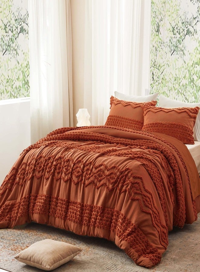 Luxudecor طقم لحاف لوكسوديكور من التراكوتا بتصميم بوهيمي بحجم كينغ 3 قطع لحاف بوهيمي أنيق بتطريز ريفي طقم سرير ناعم لجميع الفصول (تراكوتا، 104''x90'') - Image 2
