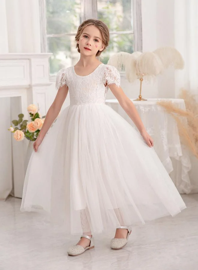 Take Two Take Two Puff Sleeve Lace Insert Mesh Hem Party Dress