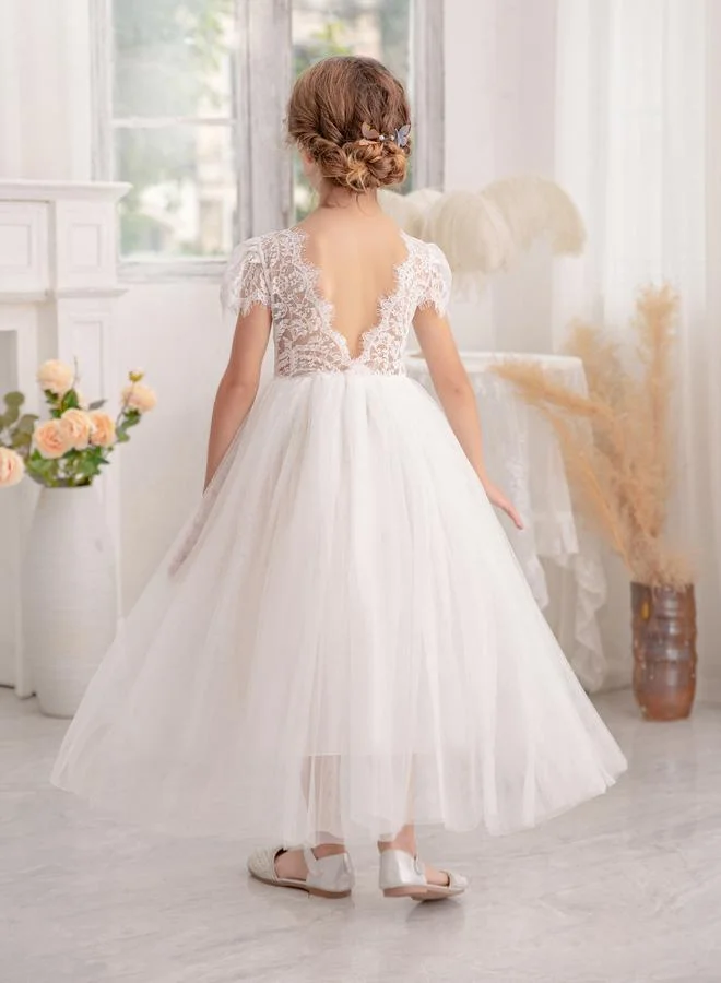 Take Two Take Two Puff Sleeve Lace Insert Mesh Hem Party Dress