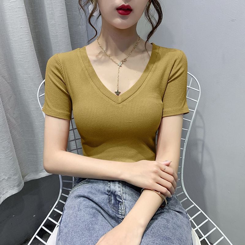 [Quality To Make High Products & Selection Of Pure Cotton] V-Neck T-Shirt Women'S Short Sleeve 2024 Slim Top Base Shirt - Image 2