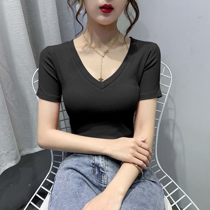 [Quality To Make High Products & Selection Of Pure Cotton] V-Neck T-Shirt Women'S Short Sleeve 2024 Slim Top Base Shirt - Image 1