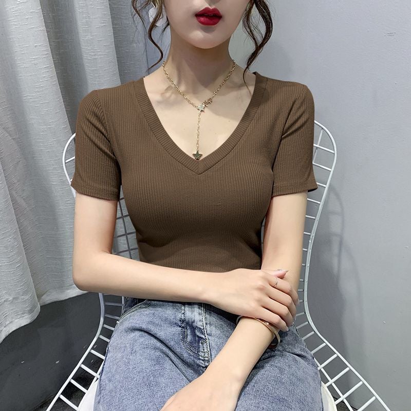 [Quality To Make High Products & Selection Of Pure Cotton] V-Neck T-Shirt Women'S Short Sleeve 2024 Slim Top Base Shirt - Image 3