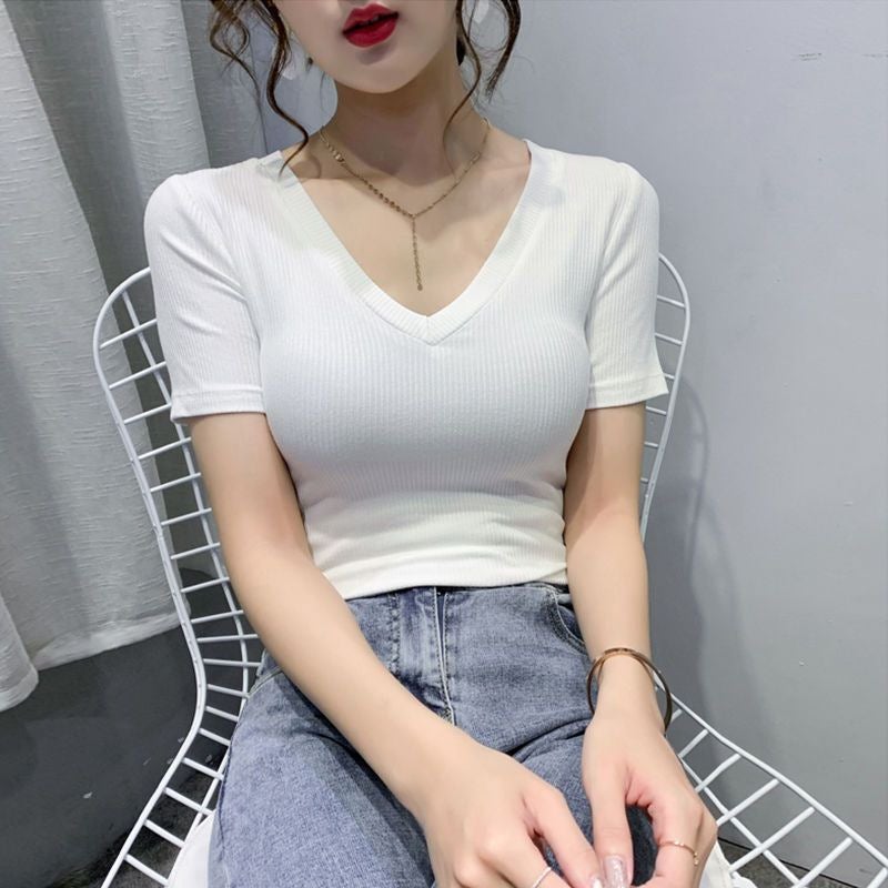 [Quality To Make High Products & Selection Of Pure Cotton] V-Neck T-Shirt Women'S Short Sleeve 2024 Slim Top Base Shirt - Image 5