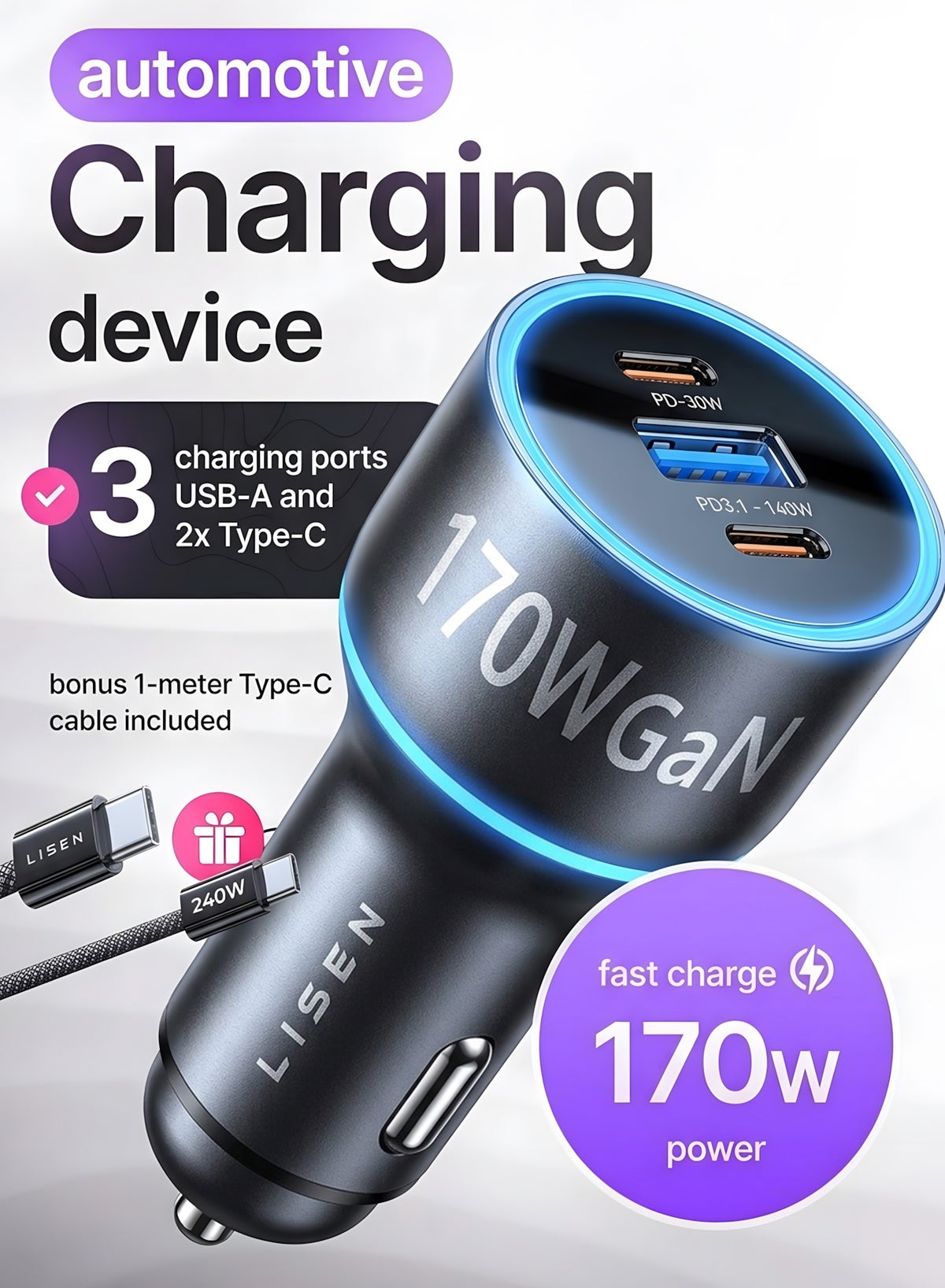 ليسن Lisen Car Charger Usb C Fast Charge Gan usbc 170W