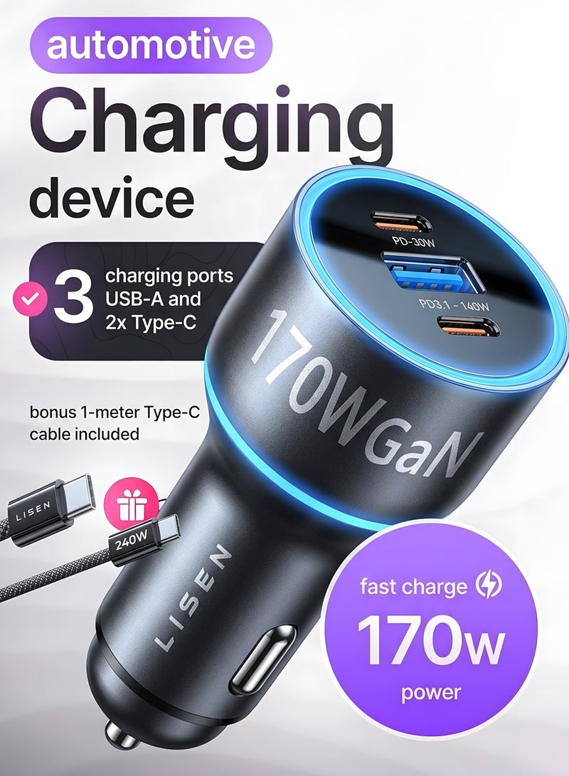 ليسن شاحن سيارة GaN 170W USB C، شحن سريع PD 140W مع كابل، 3 منافذ Type C لأجهزة متعددة، متوافق مع iPhone 17-12 و MacBook Neo و Laptop و iPad و Samsung S26 S25، أسود - Image 1