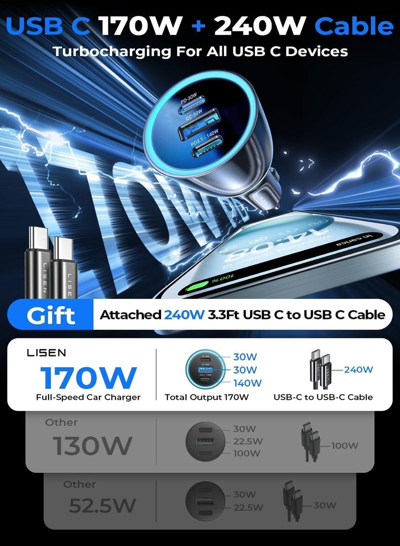 ليسن شاحن سيارة GaN 170W USB C، شحن سريع PD 140W مع كابل، 3 منافذ Type C لأجهزة متعددة، متوافق مع iPhone 17-12 و MacBook Neo و Laptop و iPad و Samsung S26 S25، أسود - Image 3