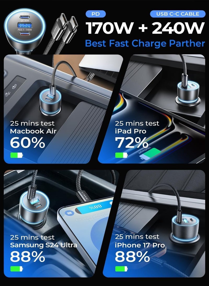 ليسن شاحن سيارة GaN 170W USB C، شحن سريع PD 140W مع كابل، 3 منافذ Type C لأجهزة متعددة، متوافق مع iPhone 17-12 و MacBook Neo و Laptop و iPad و Samsung S26 S25، أسود - Image 2