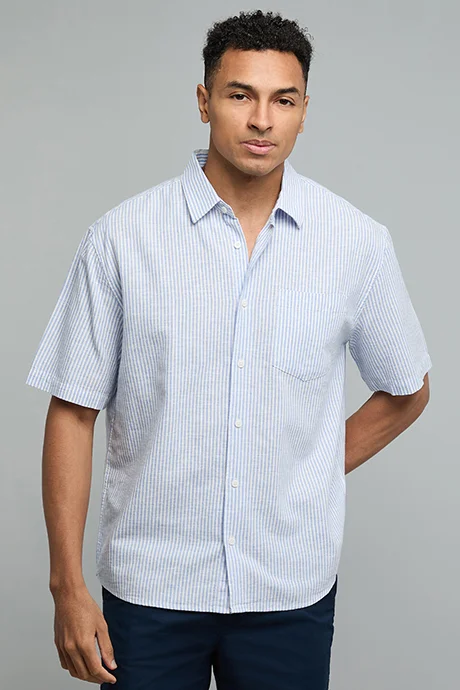 R&B Striped Shirt with Classic Collar and Short Sleeves