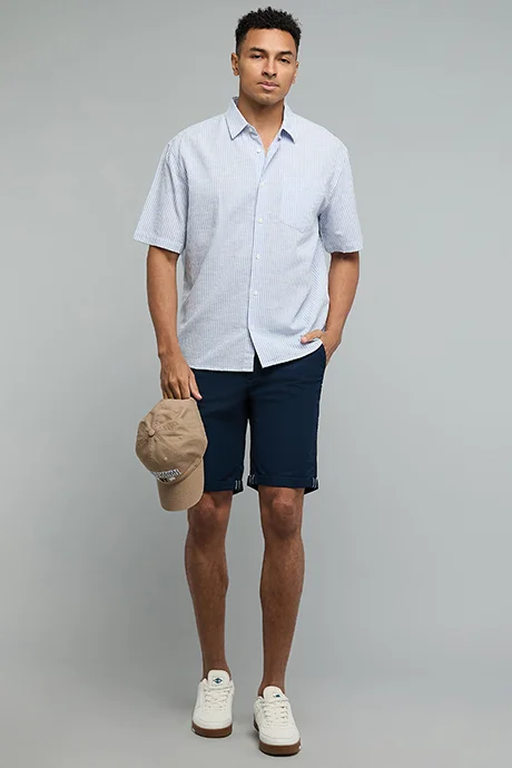 R&B Striped Shirt with Classic Collar and Short Sleeves