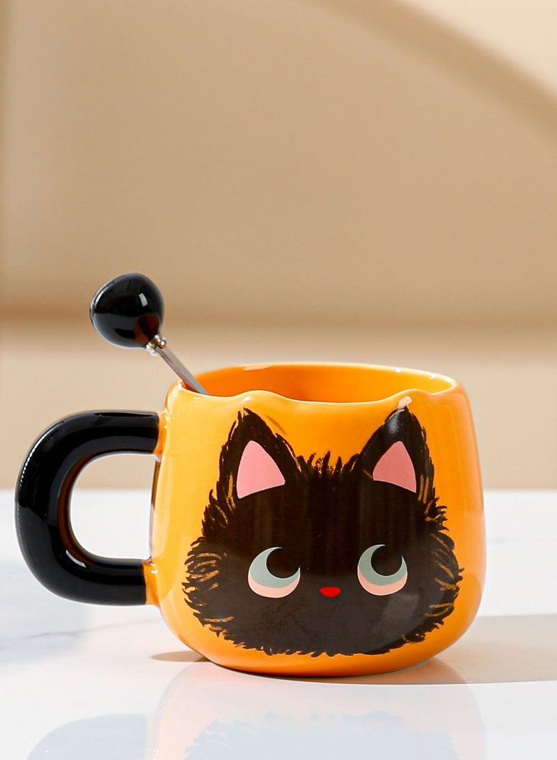 Ceramic Mug With Spoon, Cute Little Black Cat, For Coffee Tea Cold Drinks, Microwave & Dishwasher Safe, 400Ml - Image 1