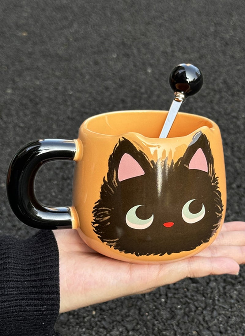 Ceramic Mug With Spoon, Cute Little Black Cat, For Coffee Tea Cold Drinks, Microwave & Dishwasher Safe, 400Ml - Image 4