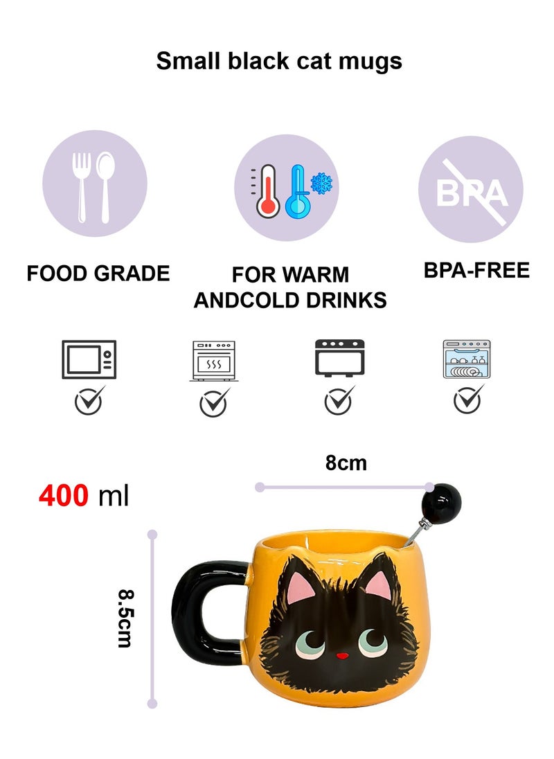 Ceramic Mug With Spoon, Cute Little Black Cat, For Coffee Tea Cold Drinks, Microwave & Dishwasher Safe, 400Ml - Image 2