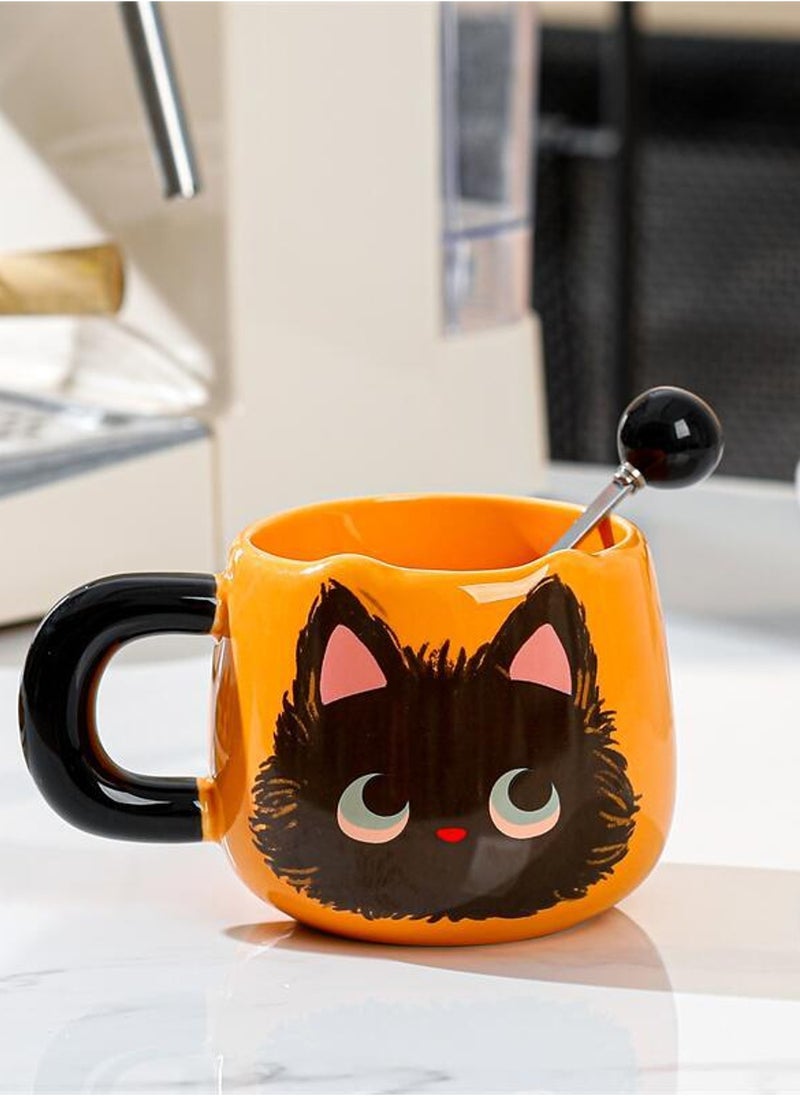 Ceramic Mug With Spoon, Cute Little Black Cat, For Coffee Tea Cold Drinks, Microwave & Dishwasher Safe, 400Ml - Image 3