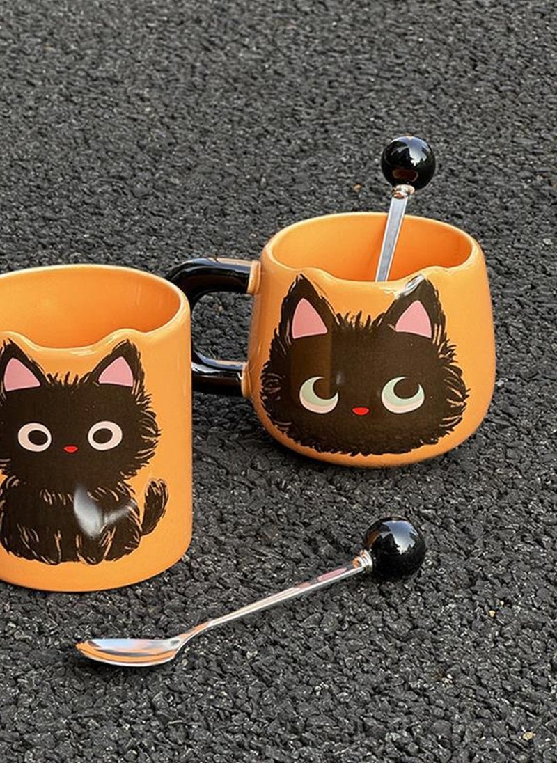 Ceramic Mug With Spoon, Cute Little Black Cat, For Coffee Tea Cold Drinks, Microwave & Dishwasher Safe, 400Ml - Image 5