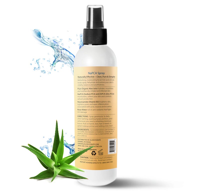 AloeHydrate NaPCA Moisturizer Face Mist & Body Spray; Organic Aloe vera moisturizer with NaPCA. Refresh & Soothe Your Skin with Natural & Bioidentical Actives. All Skin types, Dry, Acne, Oily, & Tattoo Care. - Image 2
