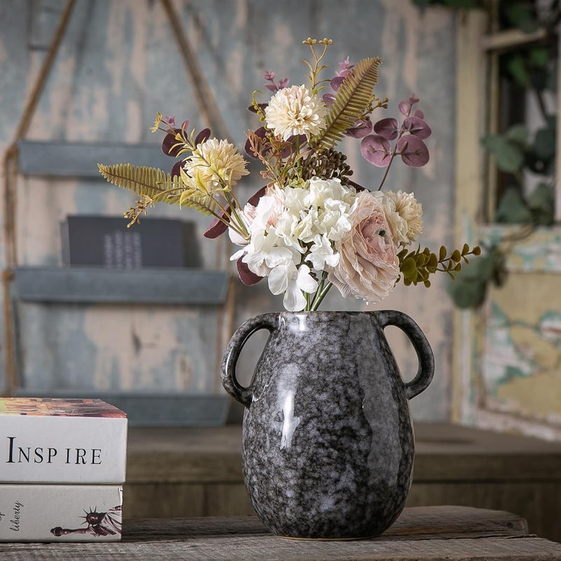 Tanvecle Black Ceramic Vase With 2 Handles - Modern Farmhouse, Rustic Terracotta, Decorative Pottery Flower - Clay Small Centerpiece for Dining Table - 7 Inch Tall - Image 2