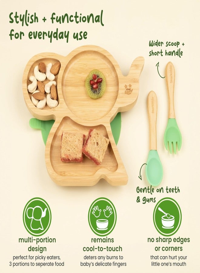 StarKiddo®️‘Cute Tusker' Bamboo Plate Set for Kids with Adjustable Bib and Baby-Led Weaning | 3 Sections | Non-Toxic | Super Strong Suction Cup - Natural Bamboo BPA Free (Combo) - Image 4