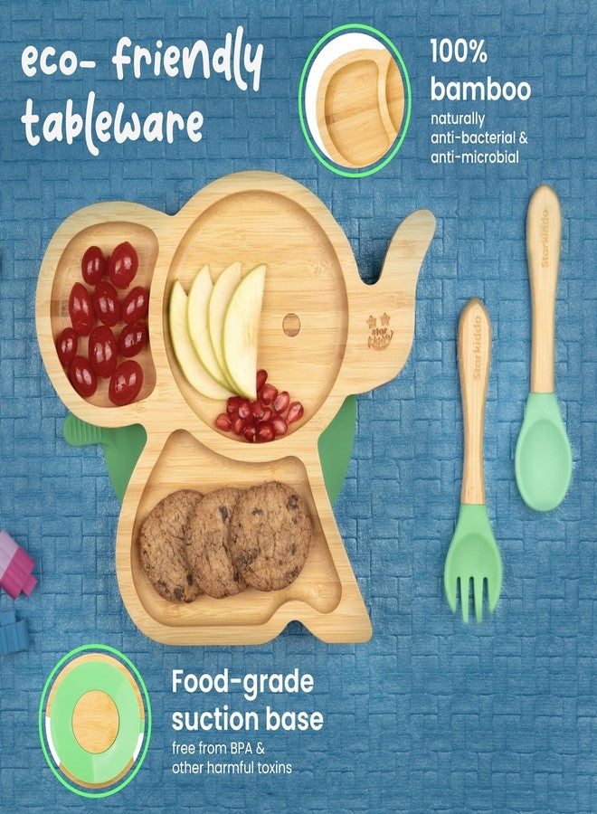 StarKiddo®️‘Cute Tusker' Bamboo Plate Set for Kids with Adjustable Bib and Baby-Led Weaning | 3 Sections | Non-Toxic | Super Strong Suction Cup - Natural Bamboo BPA Free (Combo) - Image 5