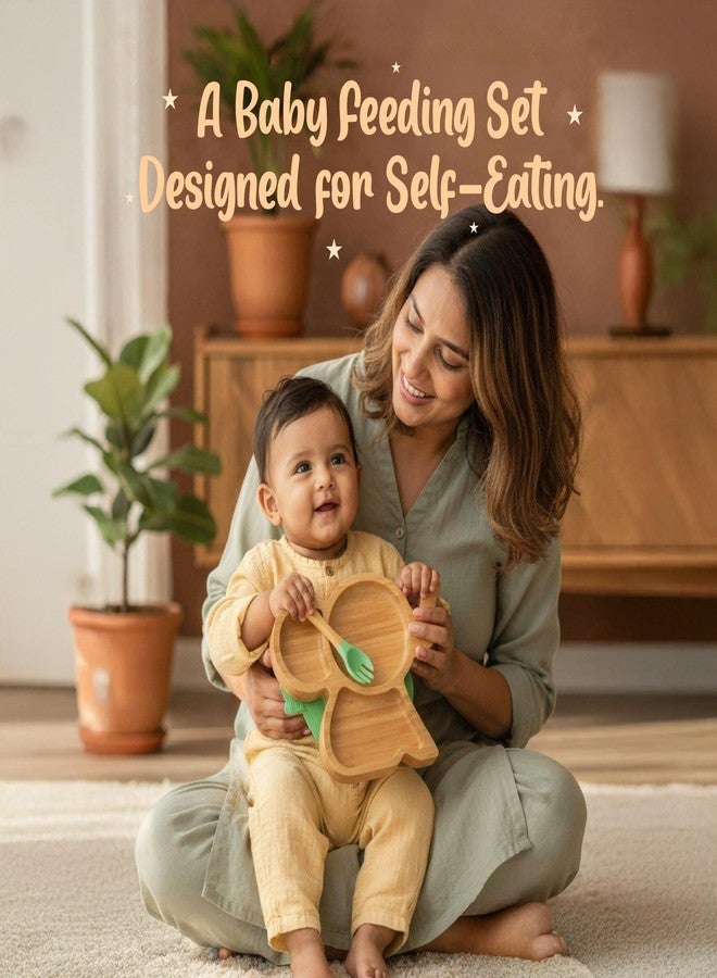 StarKiddo®️‘Cute Tusker' Bamboo Plate Set for Kids with Adjustable Bib and Baby-Led Weaning | 3 Sections | Non-Toxic | Super Strong Suction Cup - Natural Bamboo BPA Free (Combo) - Image 2
