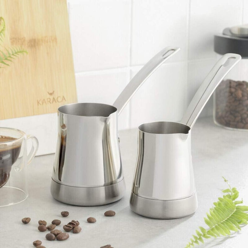 Karaca Win Induction Turkish Coffee Pot Set of 2, Coffee Maker with Metal Handles for Stove, Stainless Steel & Elegant Turkish Cezve for Turkish Coffee, Briki Greek Coffee, and Arabic Coffee Lovers - Image 1