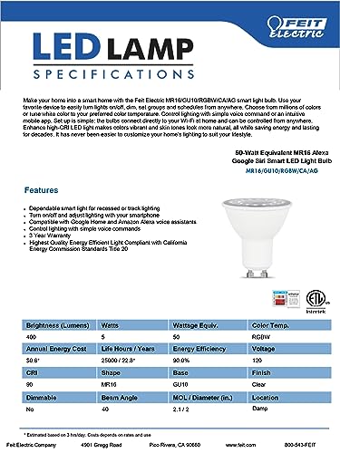 Feit Electric 50-Watt Equivalent MR16 Alexa Google Siri Smart RGBW LED Light Bulb White - Image 3