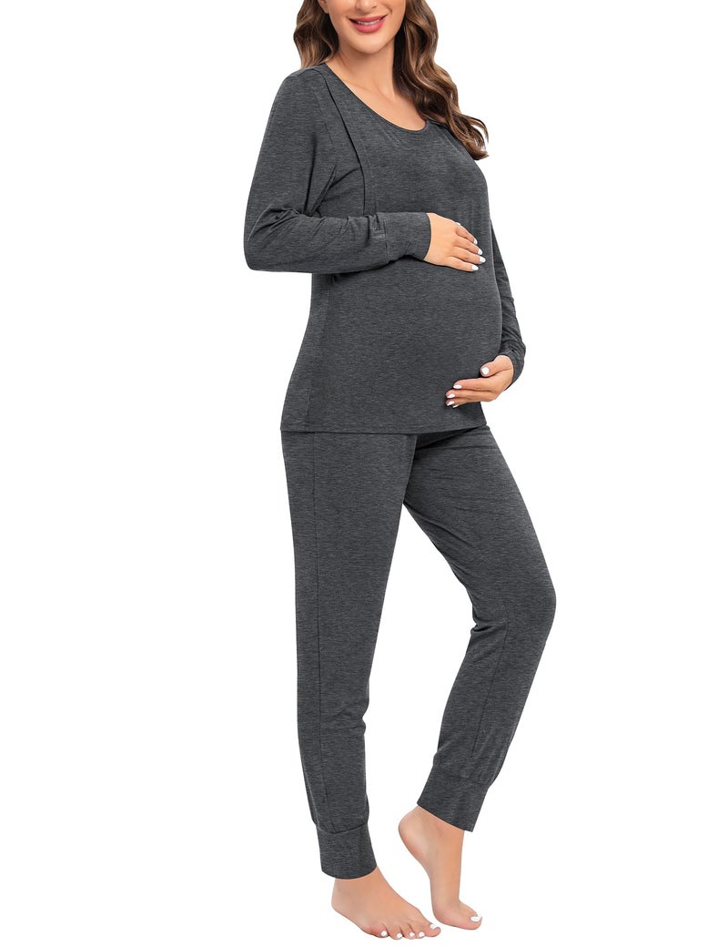 SWOMOG Women Maternity & Nursing Thermal Underwear Set Postpartum Pajamas Breastfeeding Long Sleeve Base Layer Pregnant Pjs Deep Grey - Image 4