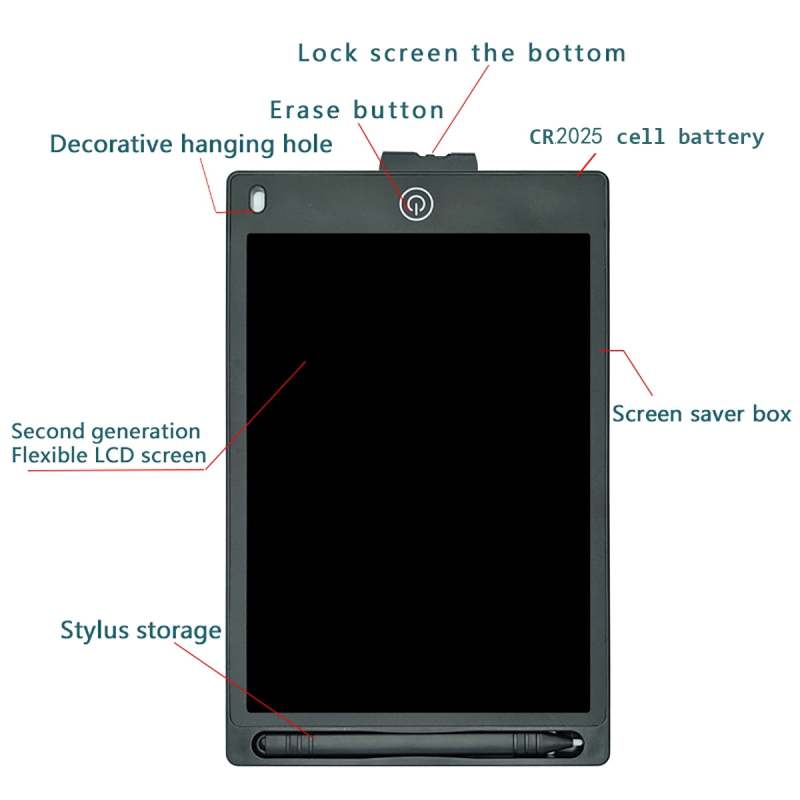 لوحة الكتابة بالشاشة العرضية LCD مقاس 12 بوصة بلون أحمر بدون ضوء أزرق لحماية العين - لوحة الرسم الإلكترونية بمسح واحد للنقر للأطفال والطلاب والفنانين ومحترفي المكتب - Image 2