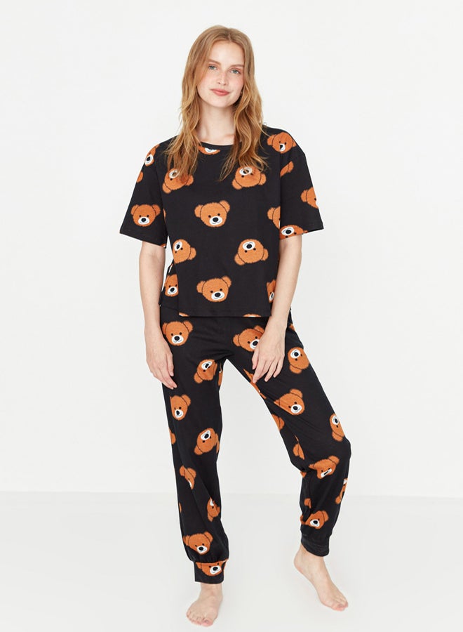 trendyol Black 100% Cotton Teddy Bear Printed T-shirt-Pants Knitted Pajama Set THMSS21PT0195 - Image 2