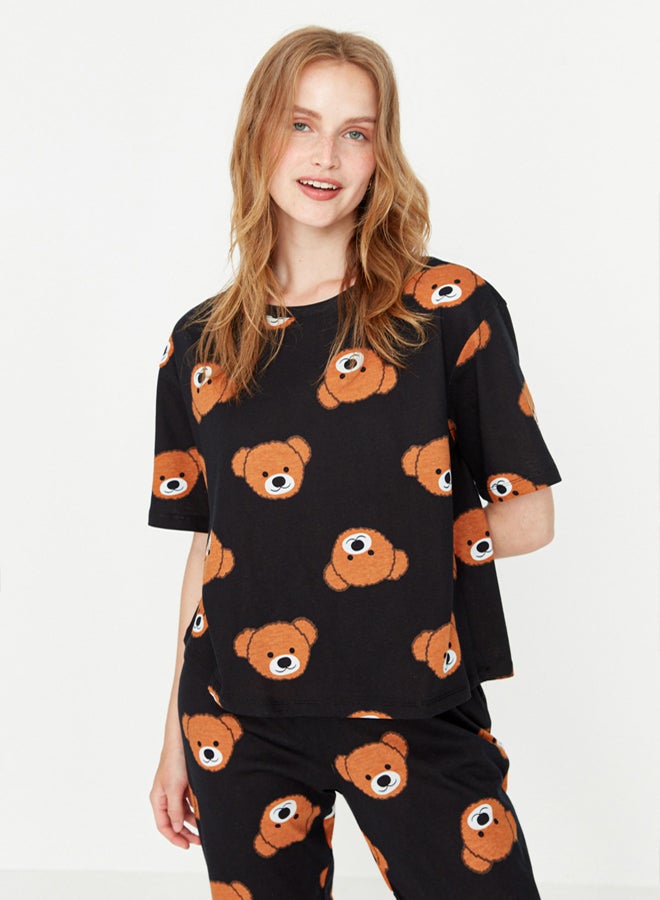 trendyol Black 100% Cotton Teddy Bear Printed T-shirt-Pants Knitted Pajama Set THMSS21PT0195 - Image 3