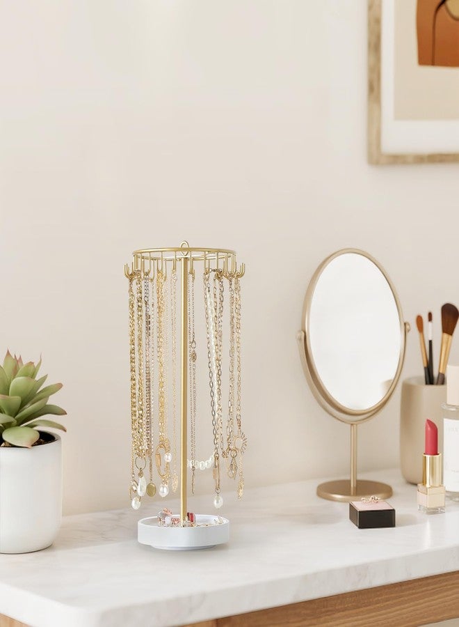 Mkono Rotating Necklace Holder Metal Jewelry Display Stand Gold Necklace Organizer with 22 Hooks Adjustable Tree Tower for Storage and Hanging Bracelet Keychain Home Bedroom Decor Dressing Table Women - Image 3