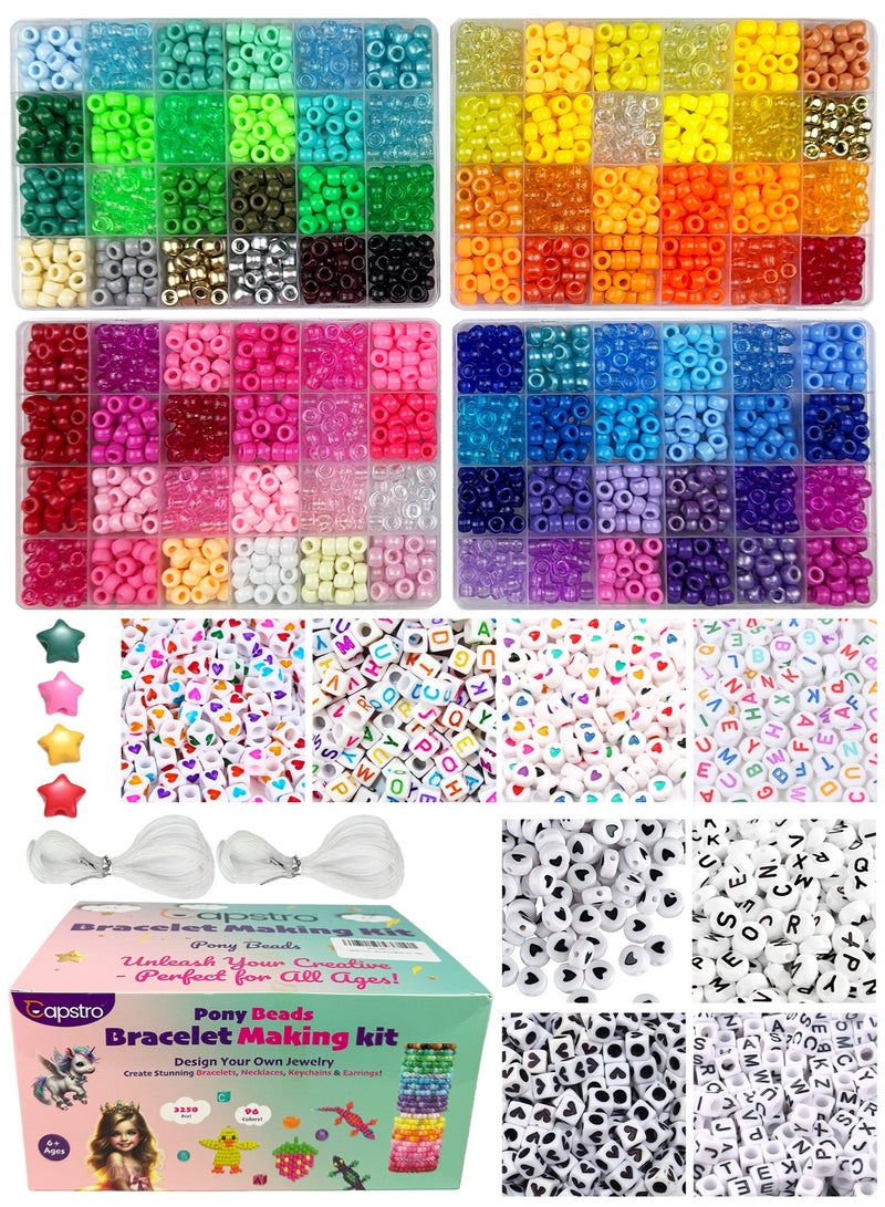 3250PCS Pony Beads Bracelet Making Kit – 96 Colors with Letter & Heart Beads, Elastic Threads – Friendship Bracelets & Jewelry DIY Craft Kit
