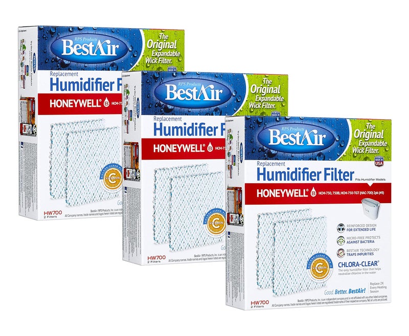 Bestair Hw700-Pdq-3 مرشح ترطيب الفتيل الورقي البديل لهونيويل Hcm750 750-Tgt (Hac-700) 5.9 بوصة × 1.8 بوصة × 6.8 بوصة 3 عبوات (6 مرشحات)