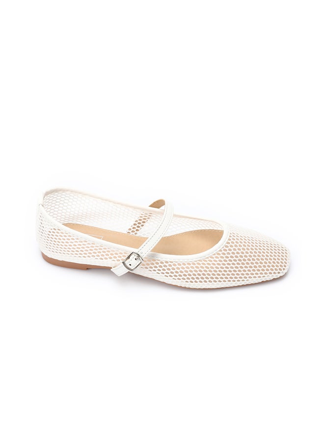 DejaVu White Semi Square Toecap Mesh Flat Shoes - Image 4