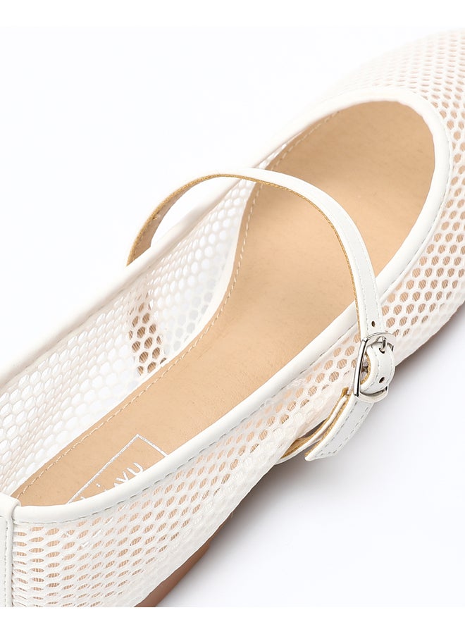 DejaVu White Semi Square Toecap Mesh Flat Shoes - Image 3