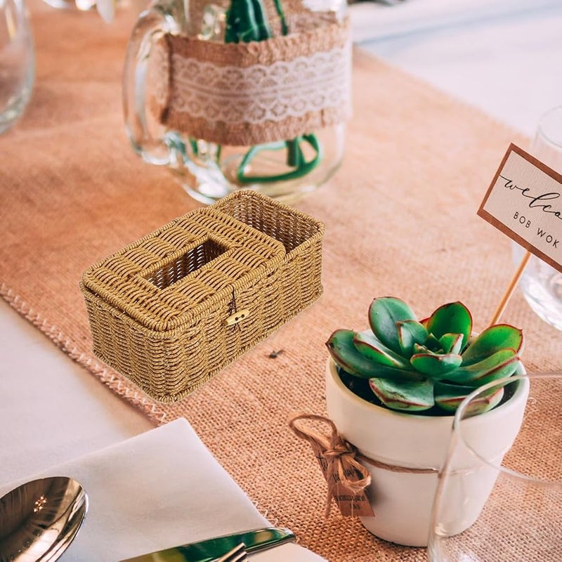 Imitation Rattan Tissue Box Organizer with Storage for Remote and Pens Light Brown Desktop - Image 5