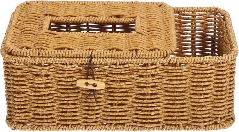 Imitation Rattan Tissue Box Organizer with Storage for Remote and Pens Light Brown Desktop - Image 2