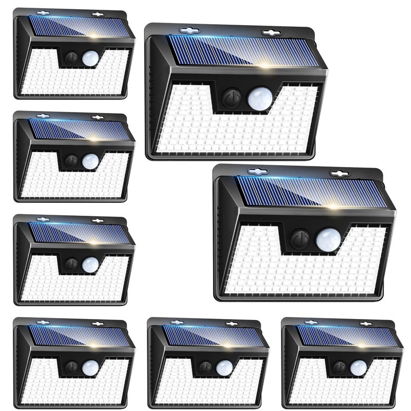 Peasur Solar Powered Lights Outdoor 140 LED 8Pack Motion Sensor Light Outside IP65 Waterproof Fence Security Lighting with 3 Modes for Yard Wall Garden Cool White