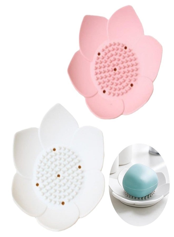 LINYUEARUI 2 Pack Lotus Shower Steamer Trays, Silicone soap Holder, Drainage Box, Bathroom Accessories, Kitchen and Bathroom Counter, Small self draining soap Holder (White+Pink) - Image 1