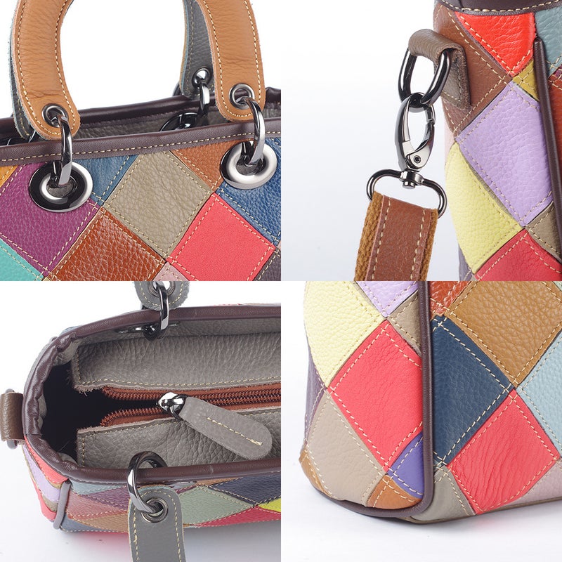 Women'S Bag Genuine Leather Cowhide Color Random Color-Block Rhombic Color-Block Casual Trendy Bag Shell Bag Single-Shoulder Handbag - Image 5
