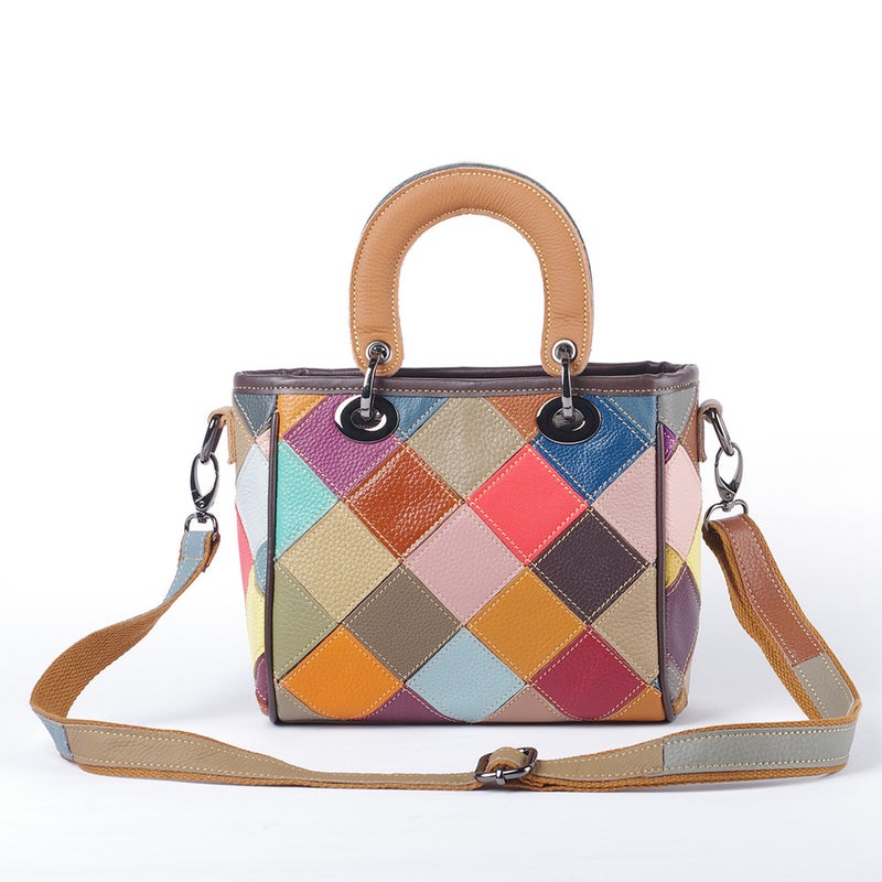 Women'S Bag Genuine Leather Cowhide Color Random Color-Block Rhombic Color-Block Casual Trendy Bag Shell Bag Single-Shoulder Handbag - Image 1