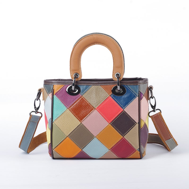 Women'S Bag Genuine Leather Cowhide Color Random Color-Block Rhombic Color-Block Casual Trendy Bag Shell Bag Single-Shoulder Handbag - Image 2