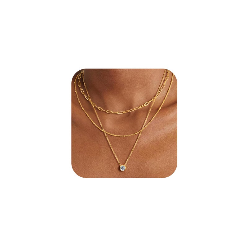 M MOOHAM Layered Gold Necklaces for Women, 14K Gold-Plated Dainty Stackable Pendant Necklace Set, Layering Paperclip Satellite Chain Cubic Zirconia Pendant Trendy Women's Jewelry Gifts Set - Image 1